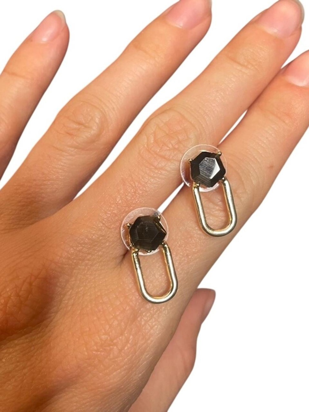 Gold Loop Stud Earrings with Black Gemstone